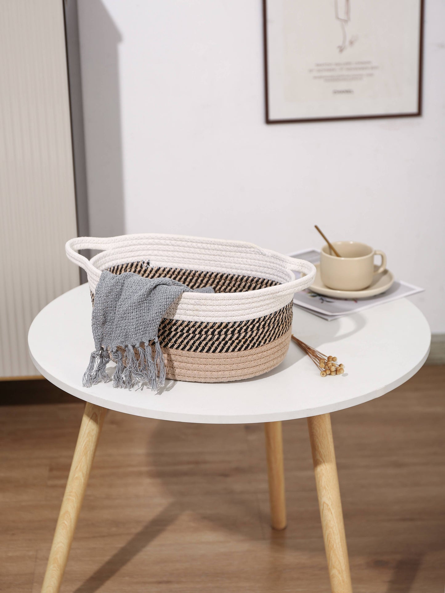 Handwoven cotton rope storage basket