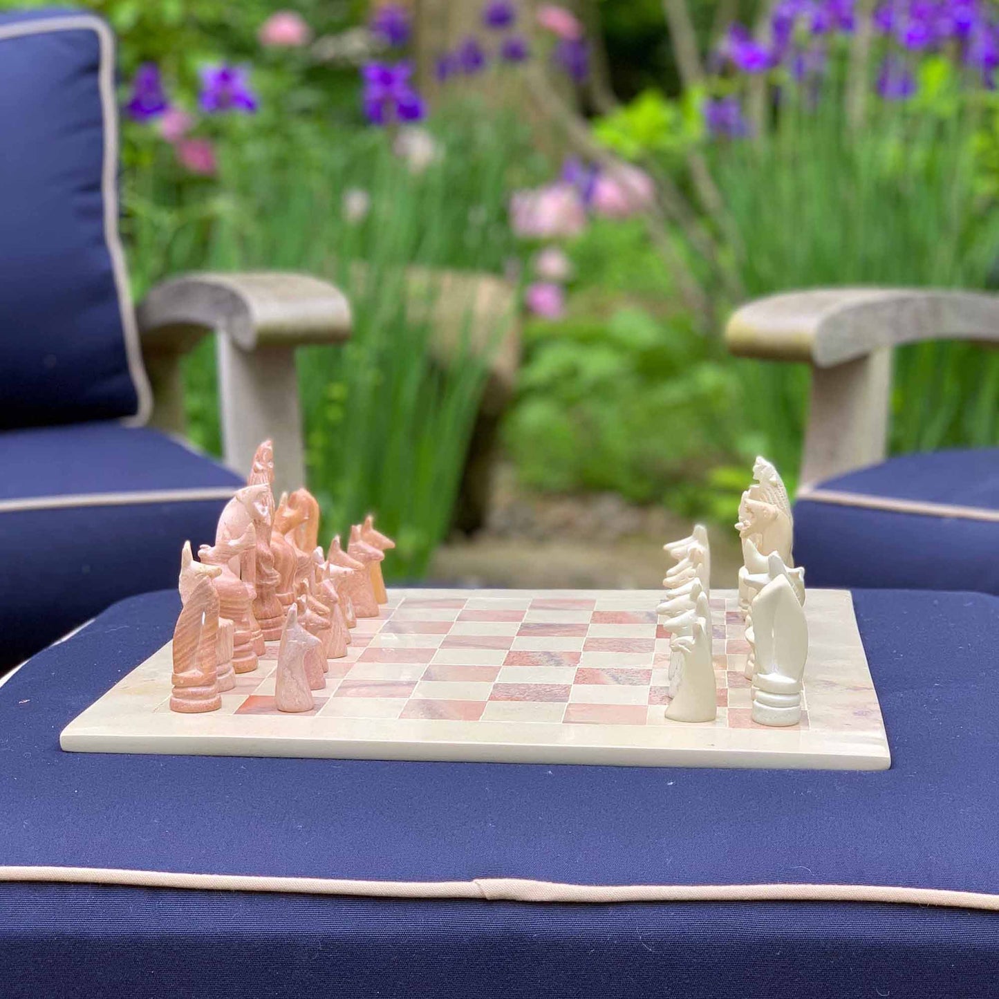 Africa Soapstone Carved Chess Set - Safari Animals Pink/Nat