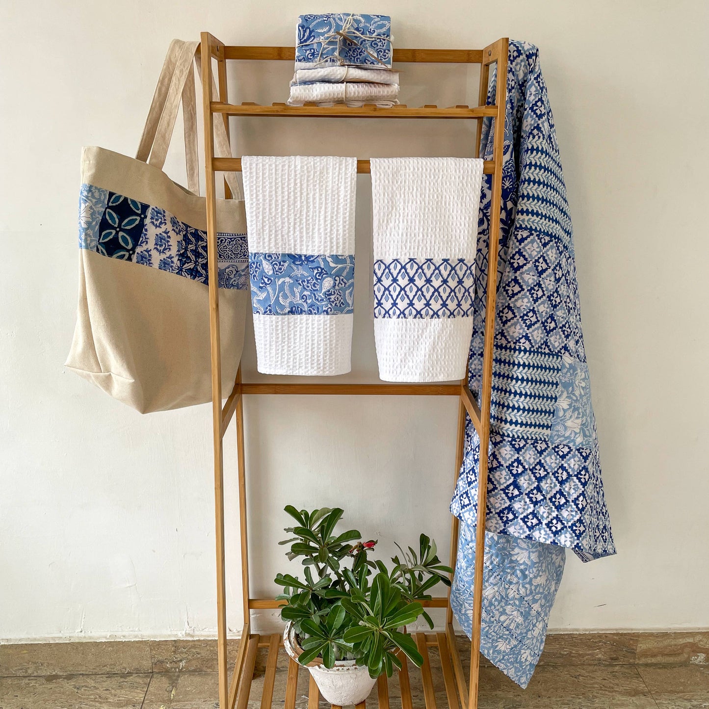 Blue Floral Block Print Tea Towel