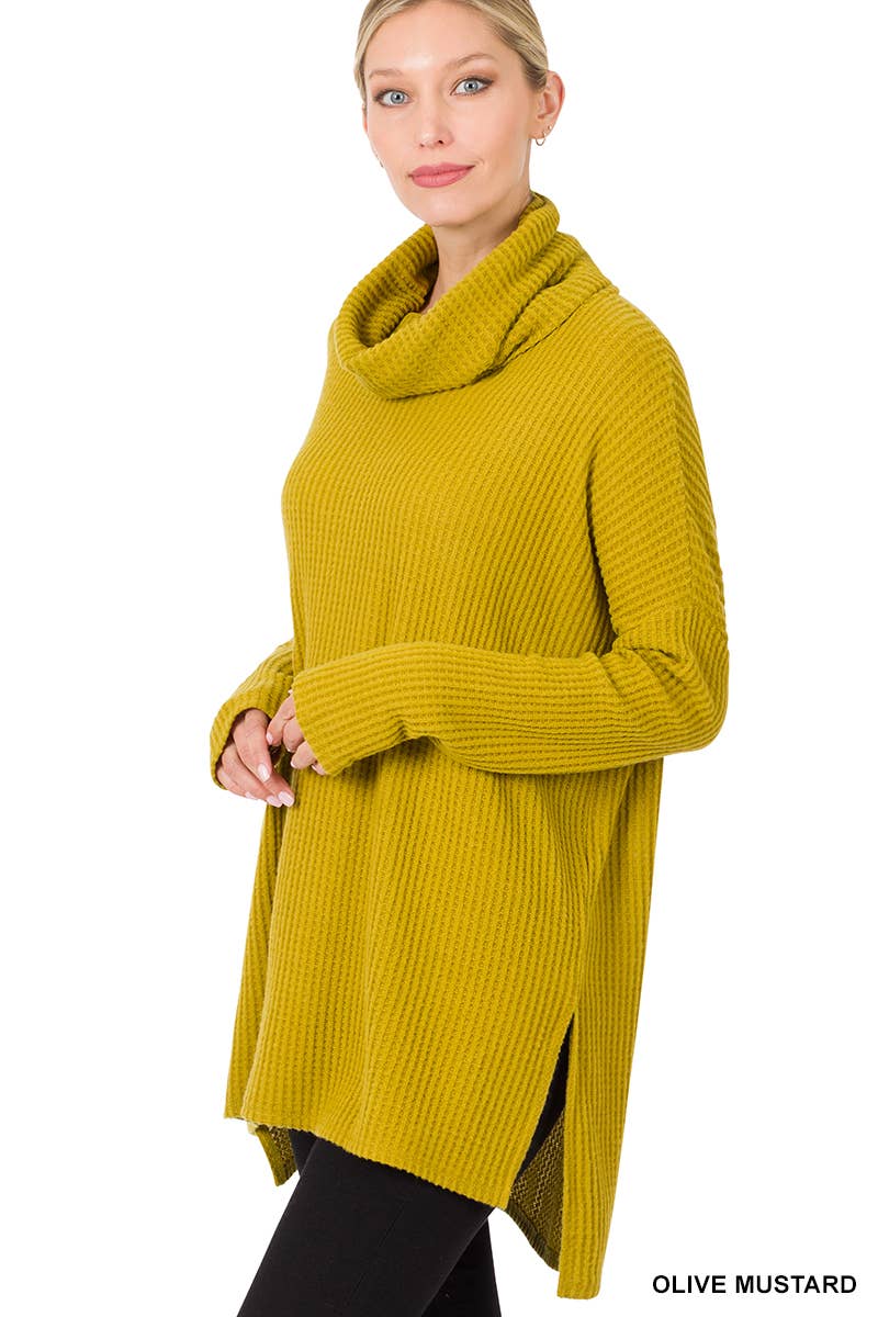 Brushed Thermal Waffle Cowl Neck Hi-low Sweater