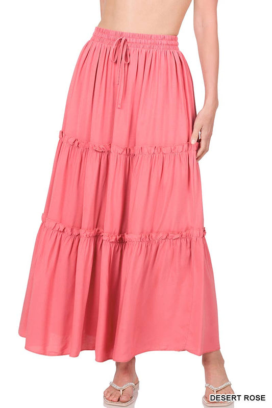 Woven Drawstring Waist Tiered Ruffle Maxi Skirt