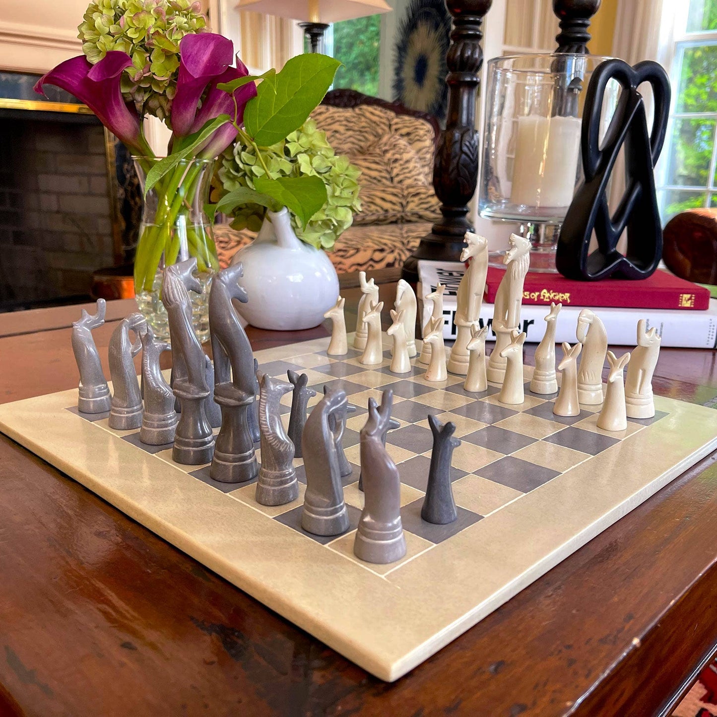 Africa Soapstone Carved Chess Set - Safari Animals Black/Nat