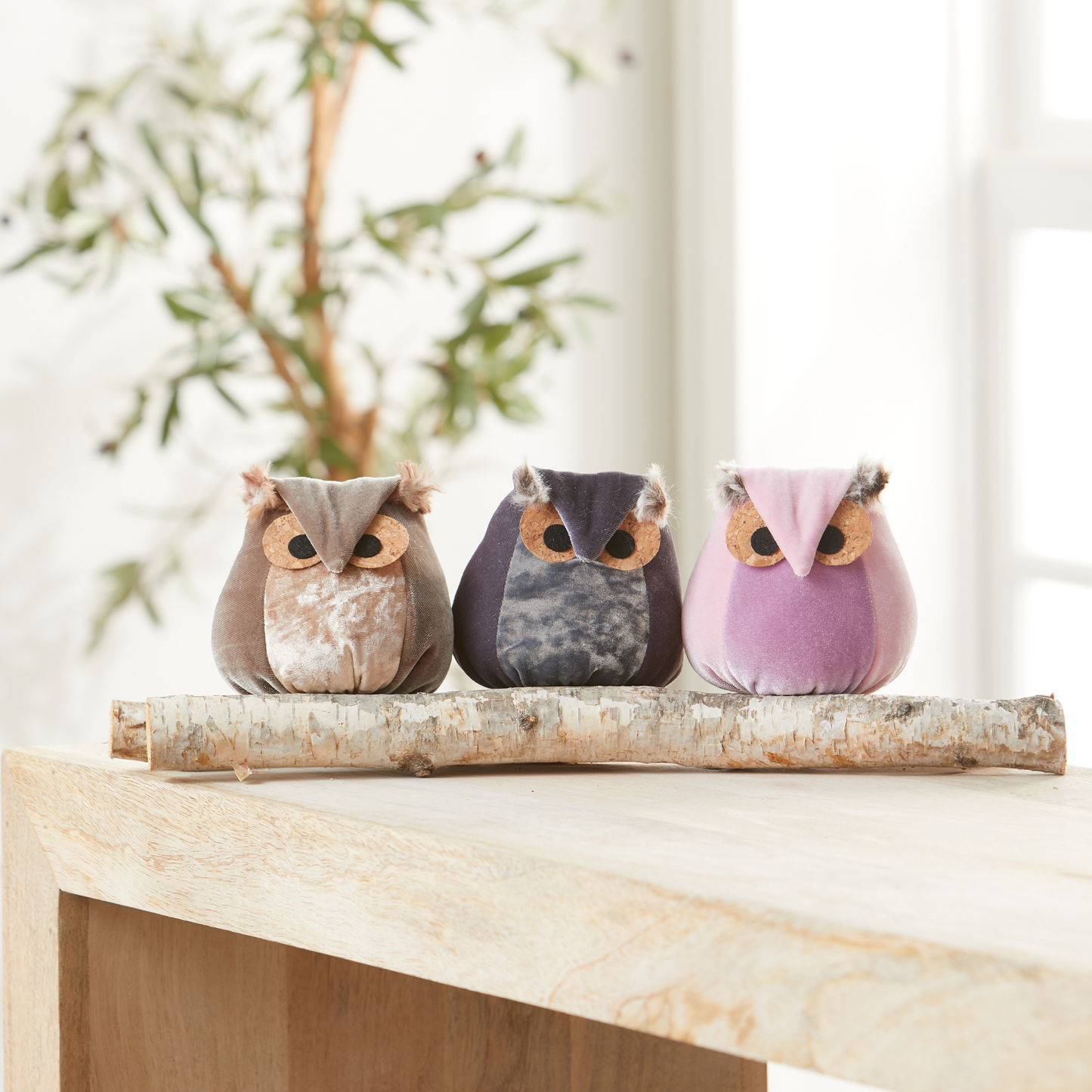 Whimsical velvet owls,  charming owl enthusiastic, unique