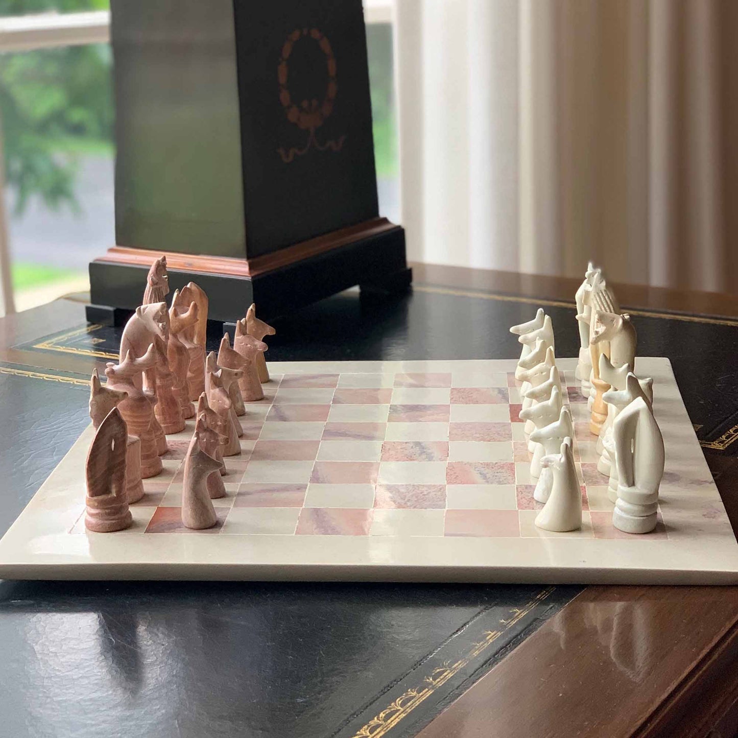 Africa Soapstone Carved Chess Set - Safari Animals Pink/Nat