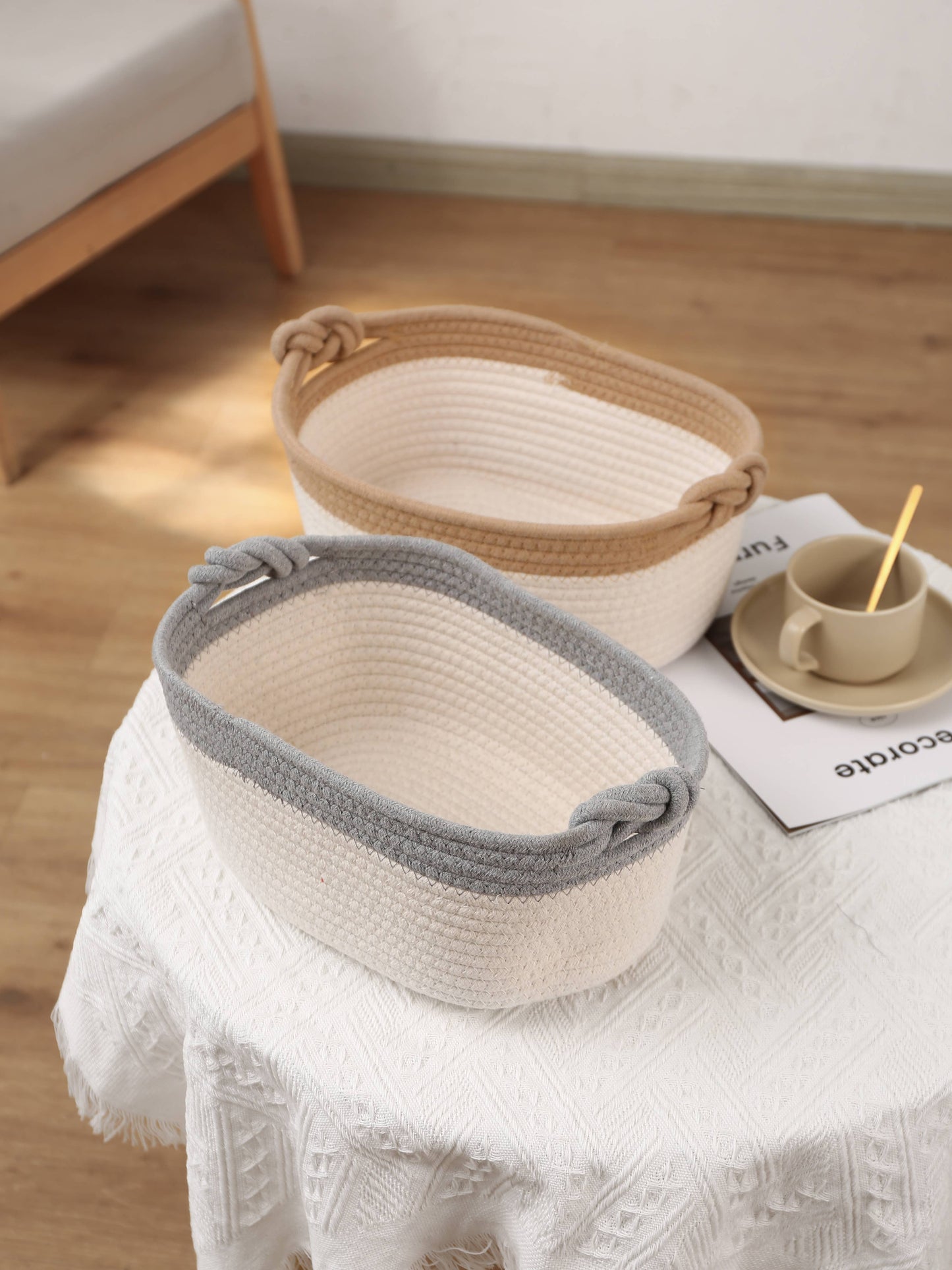 Brown Handwoven cotton rope storage basket  Unique handle