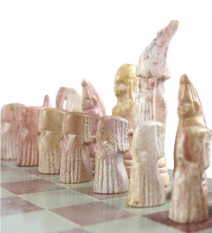 Africa Soapstone Carved Chess Set - Safari Animals Pink/Nat