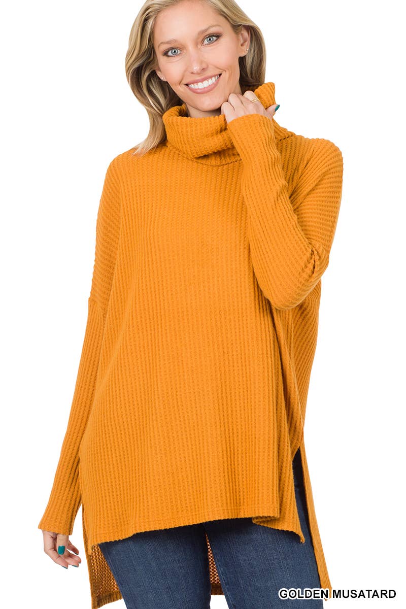 Brushed Thermal Waffle Cowl Neck Hi-low Sweater