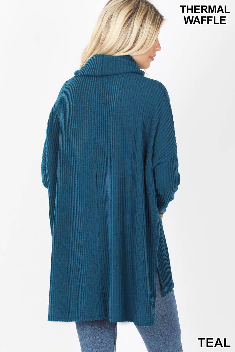 Brushed Thermal Waffle Cowl Neck Hi-low Sweater