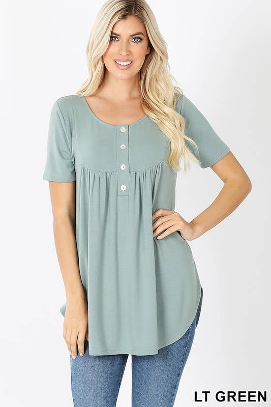 Short Sleeve Dolphin Hem Shell Button Top