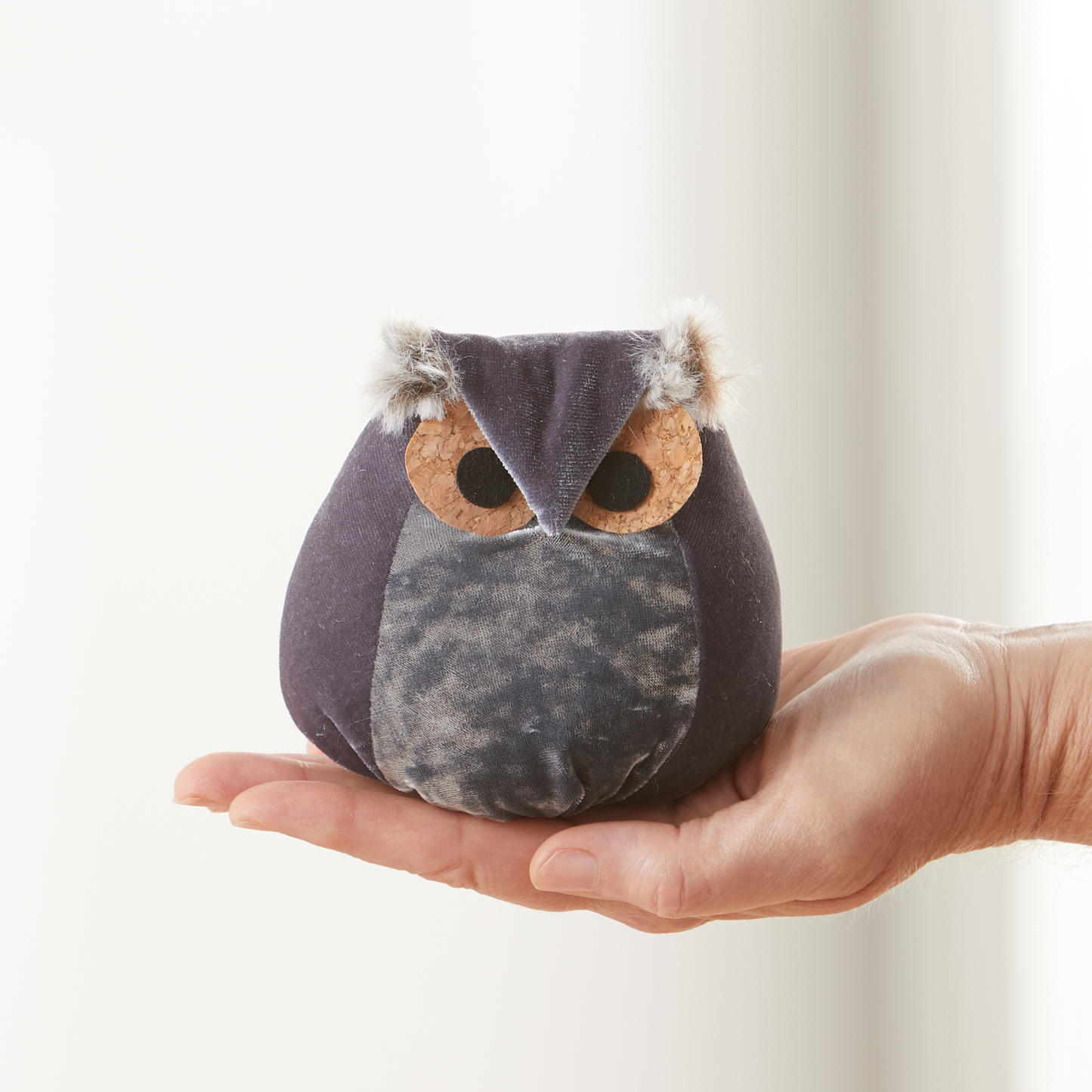 Whimsical velvet owls,  charming owl enthusiastic, unique