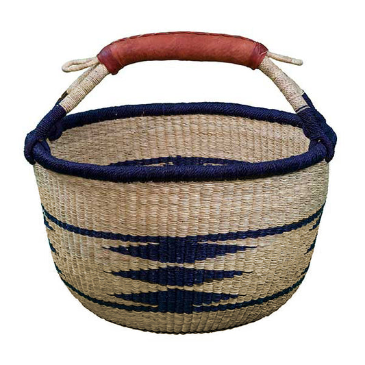 NAVY/NATURAL Large Round Basket (leather handle)