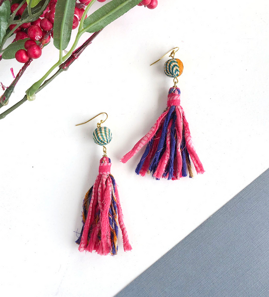 Kantha Dangling Tassel Earrings