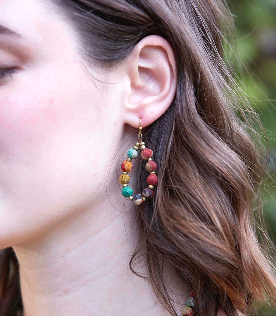 Kantha Beaded Teardrop Earrings