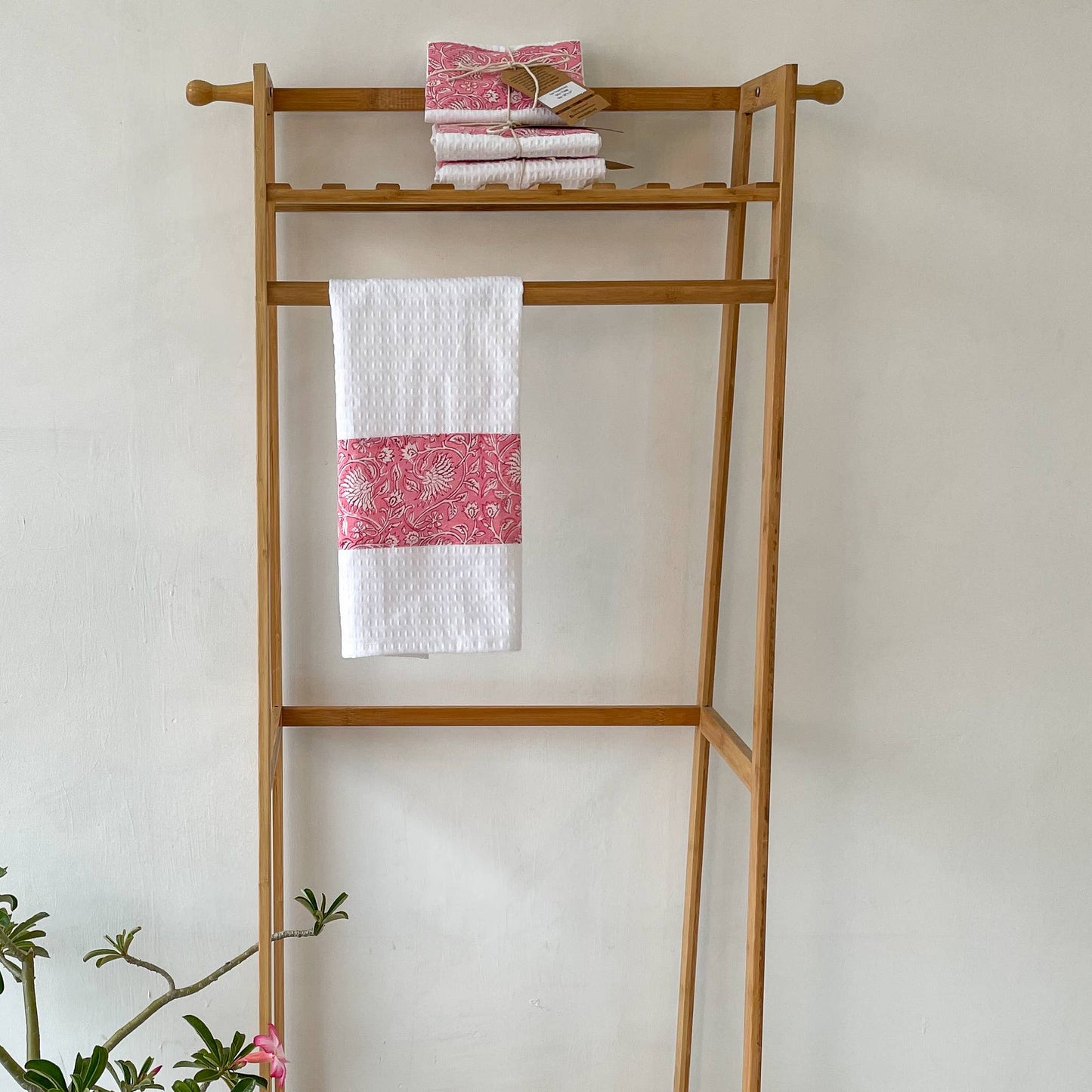 Pink Floral Block Print Tea Towel