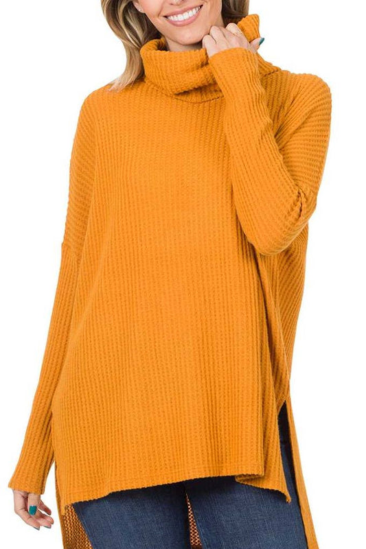 Brushed Thermal Waffle Cowl Neck Hi-low Sweater