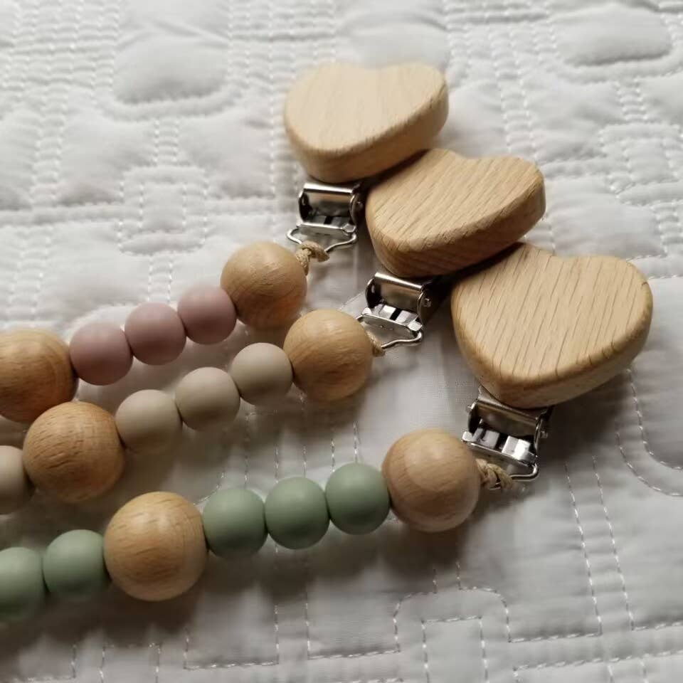 Silicone Bead & Wooden Heart Pacifier Clip