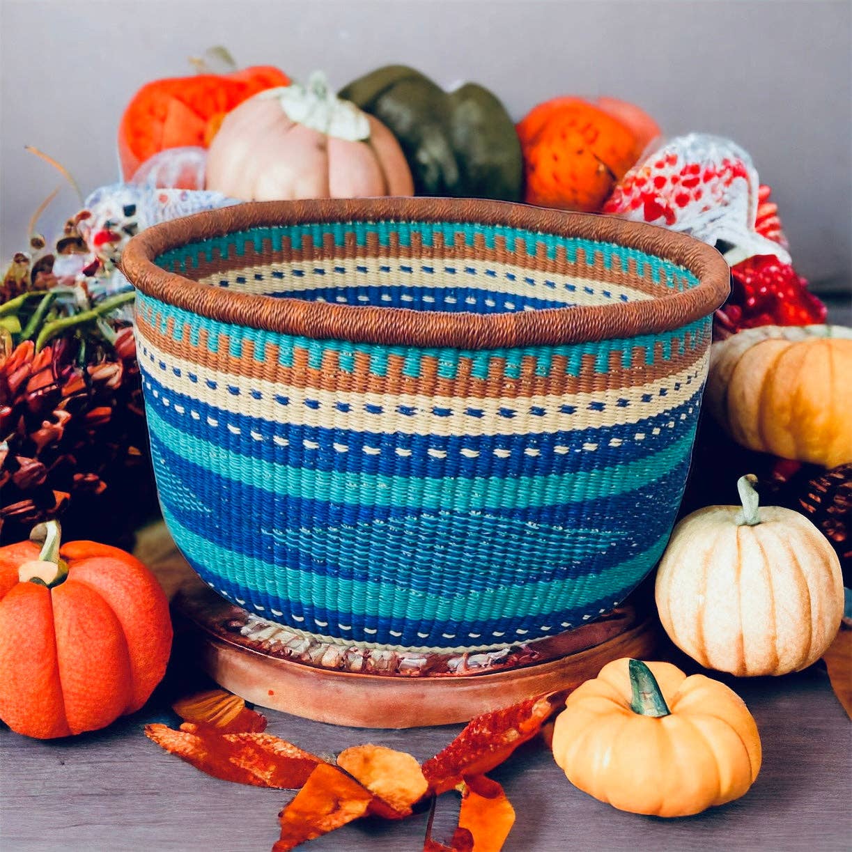 African Round Storage Bolga Ghana Woven Basket -Large  Blue No Handles