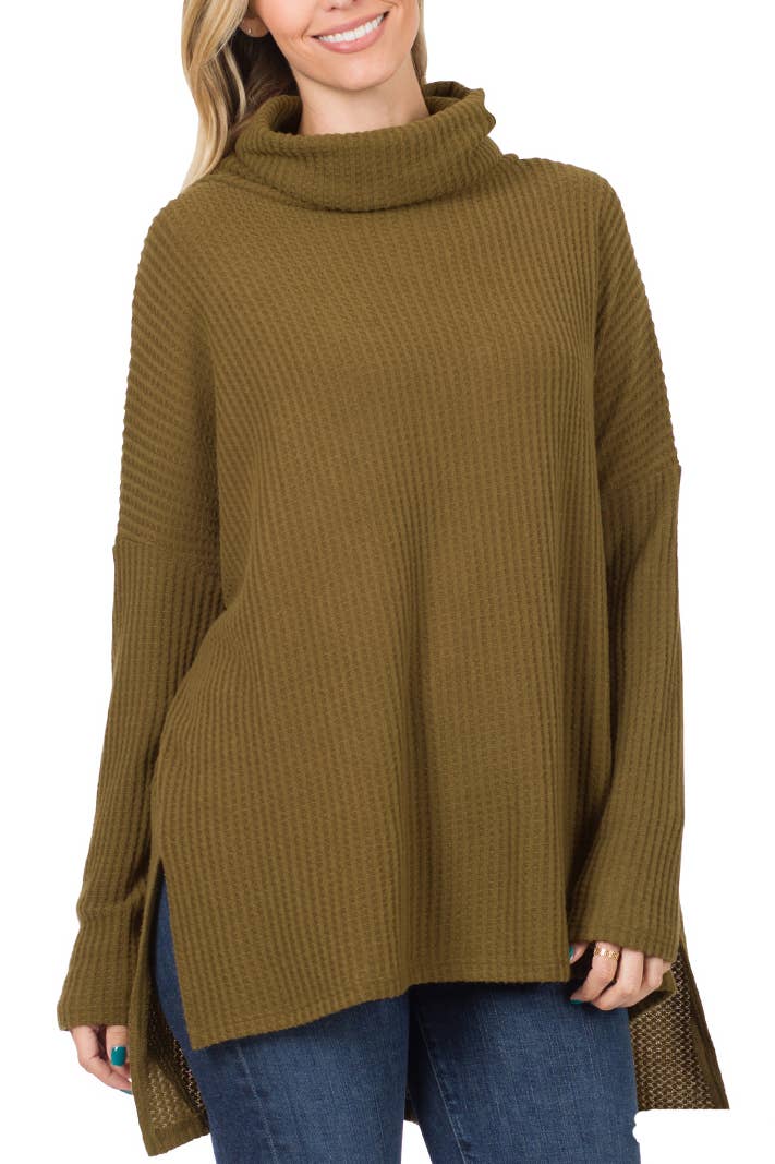 Brushed Thermal Waffle Cowl Neck Hi-low Sweater