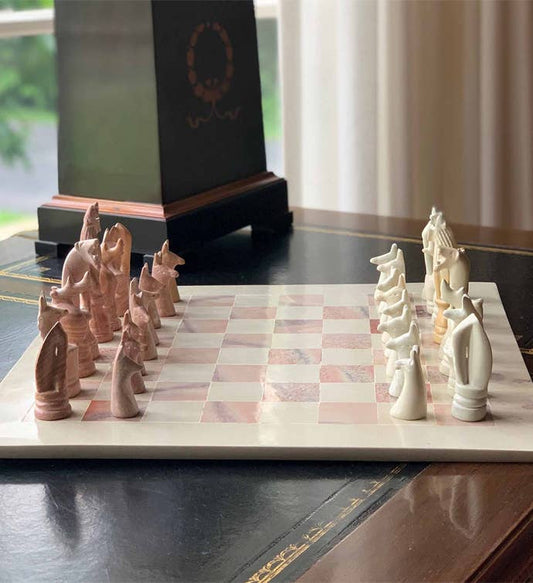 Africa Soapstone Carved Chess Set - Safari Animals Pink/Nat