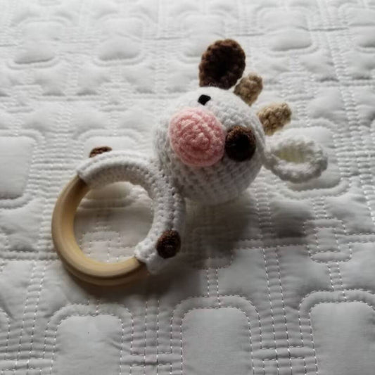 Knitted White Cow Hand Crochet Rattle