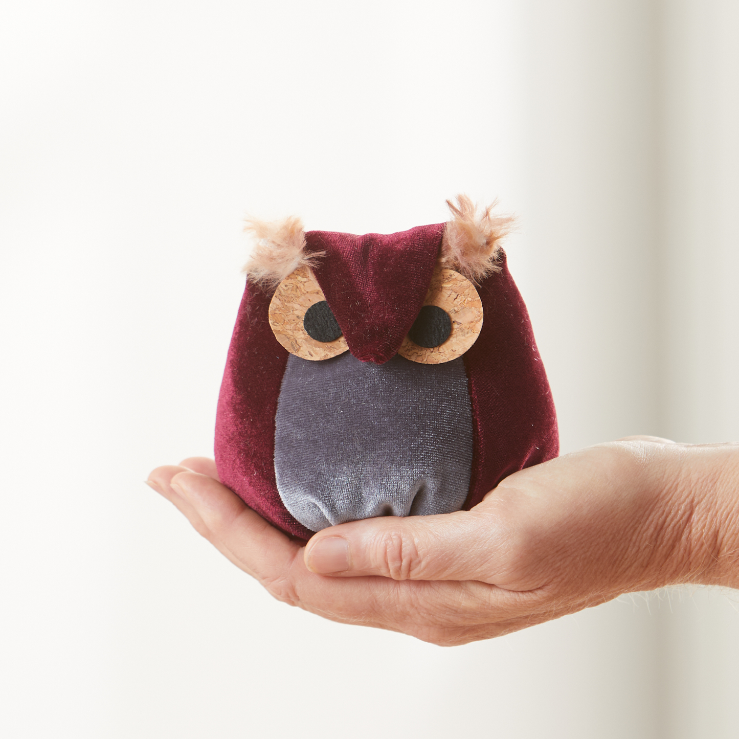 Whimsical velvet owls,  charming owl enthusiastic, unique