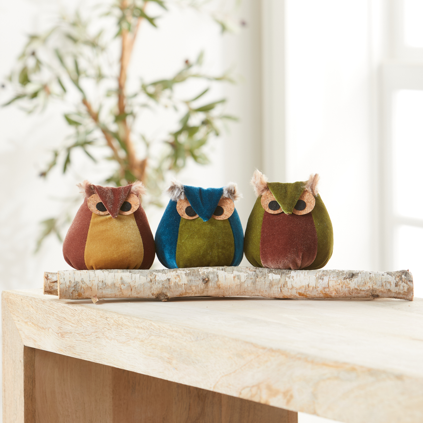 Whimsical velvet owls,  charming owl enthusiastic, unique