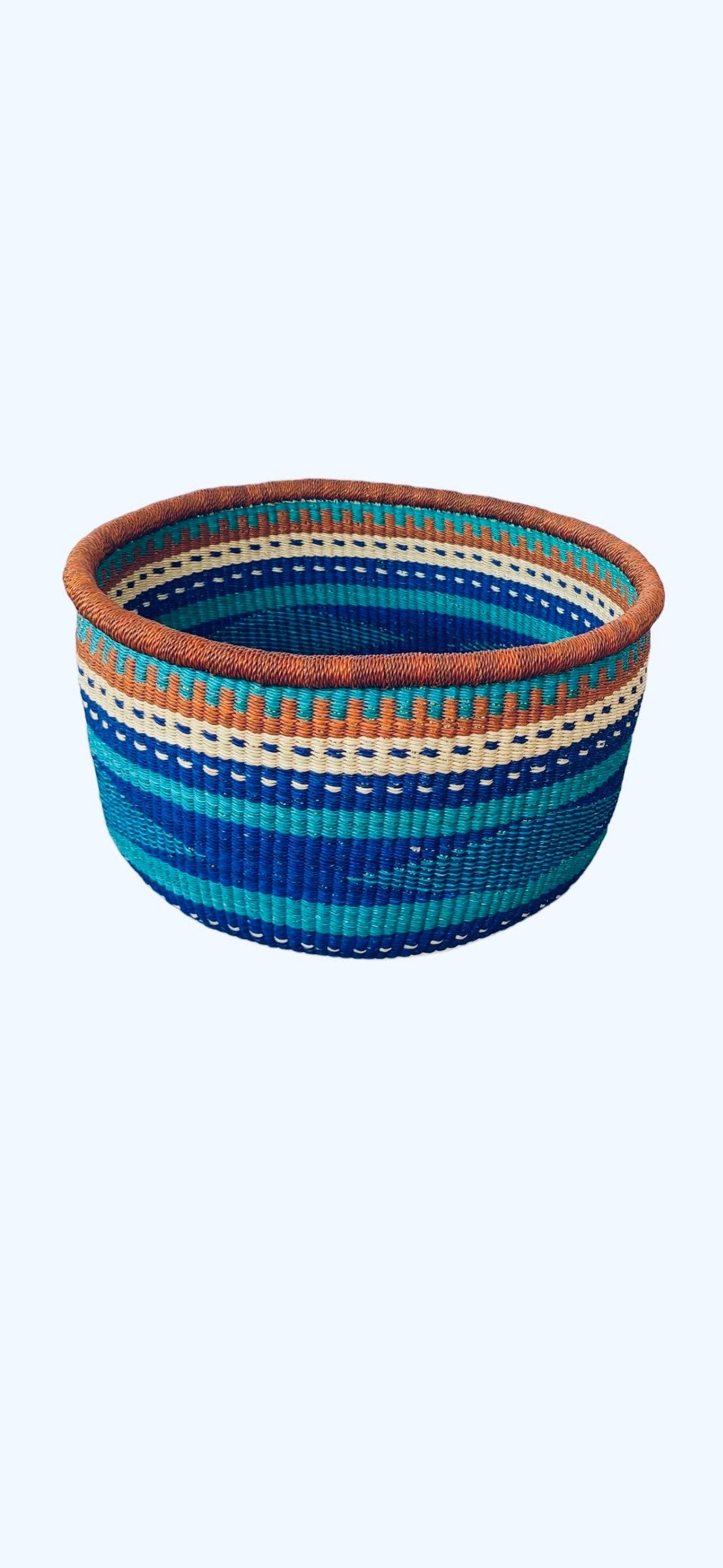 African Round Storage Bolga Ghana Woven Basket -Large  Blue No Handles