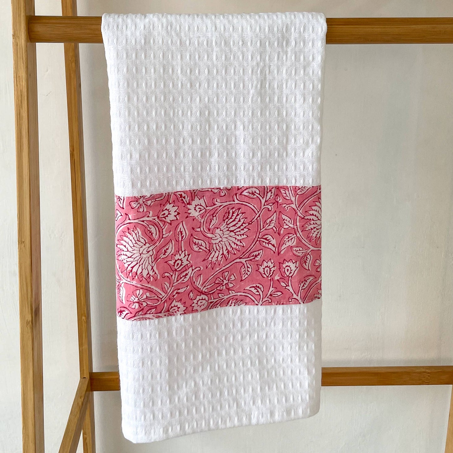 Pink Floral Block Print Tea Towel