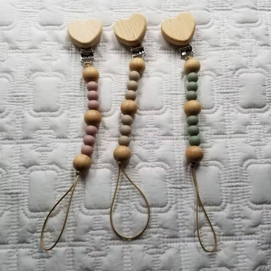 Silicone Bead & Wooden Heart Pacifier Clip