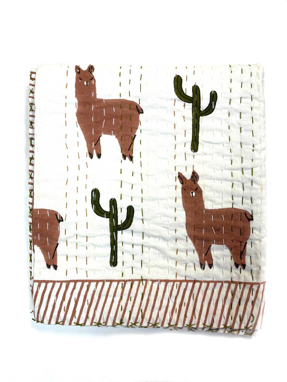 Block Printed Kantha Blanket - Llama Print